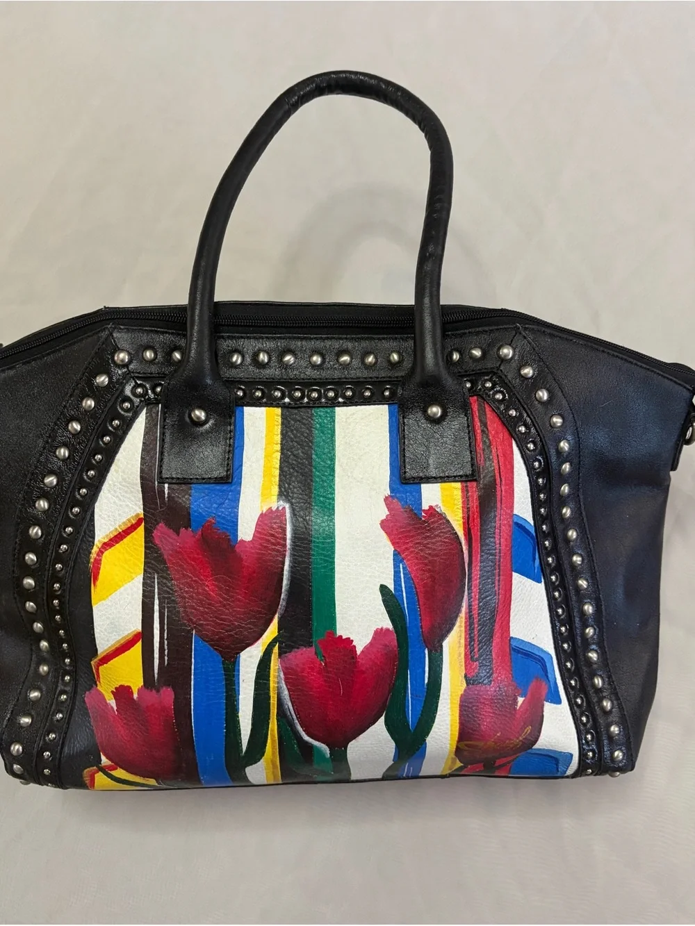 Sharif 1827 Hand Painted Leather Tulip Satchel Studded Edgy Wearable Art Bag
